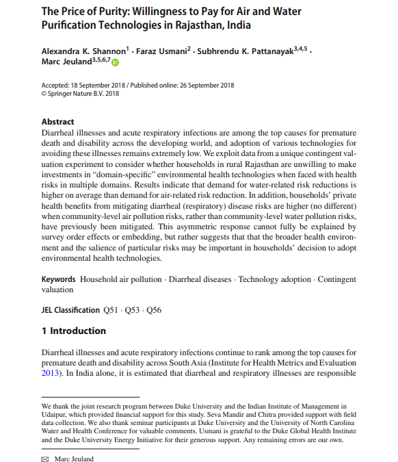 The Price of Purity: Willingness to Pay for Air and Water Purification Technologies in Rajasthan, India