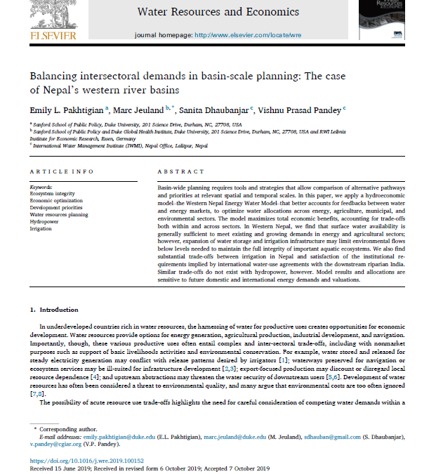 Balancing intersectoral demands in basin-scale planning: The case of Nepal’s western river basins