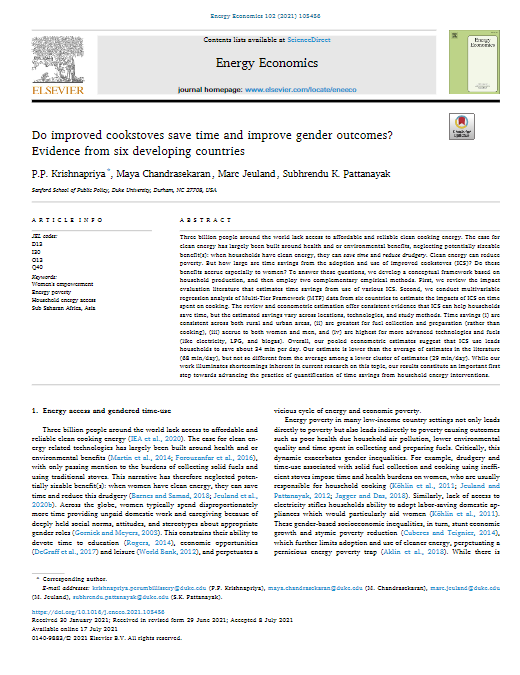 Do improved cookstoves save time and improve gender outcomes? Evidence from six developing countries