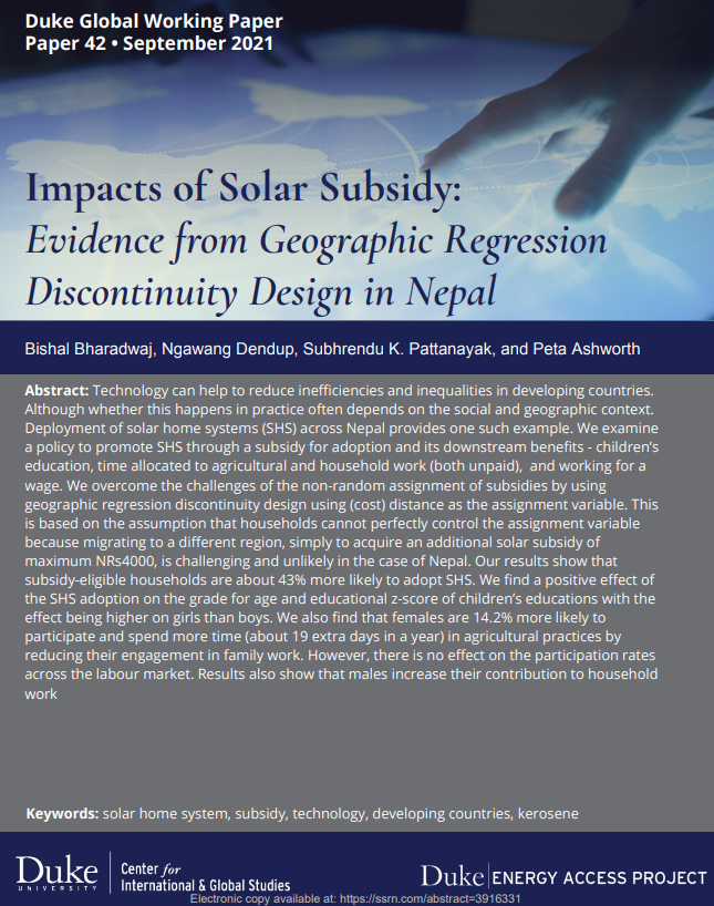 Impacts of Solar Subsidy: Evidence from Geographic Regression Discontinuity Design in Nepal