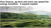 Image of wind turbines in a green field with text that reads "How finance, ag-tech and more can speed the energy transition - 4 experts explain"
