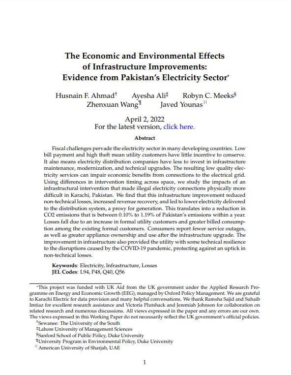 The Economic and Environmental Effects of Infrastructure Improvements: Evidence from Pakistan’s Electricity Sector