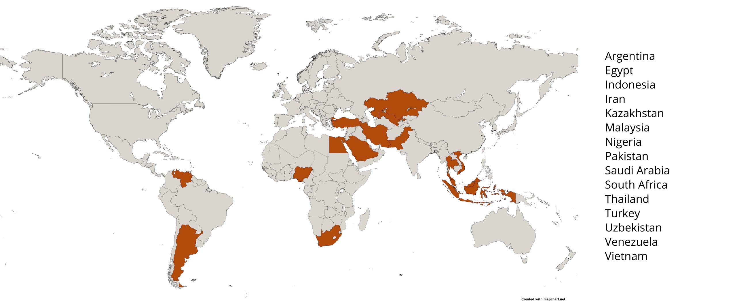 Map of the world indicating the top 15 greenhouse gas emitters outside of BRIC and OECD countries – Argentina, Egypt, Indonesia, Iran, Kazakhstan, Malaysia, Nigeria, Pakistan, Saudi Arabia, South Africa, Thailand, Turkey, Uzbekistan, Venezuela, Vietnam