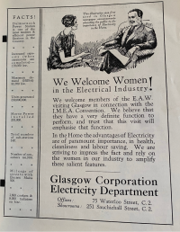 Advertisement by the Glasgow Corporation Electricity Department "We Welcome Women in the Electrical Industry!"