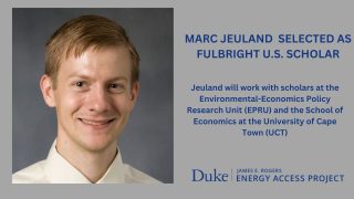 Marc Jeuland's headshot; "Marc Jeuland selected as fulbright u.s. scholar. Jeuland will work with scholars at the Environmental-Economic Policy Research Unit (EPRU) and the School of Economics at the University of Cape Town (UCT)"