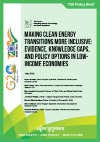 T20 Policy Brief; G20 India (logo); T20 India (logo); Publication title "Making energy transitions more inclusive: Evidence, knowledge gaps and policy options in low-income economies"; authors name (Arjan de Haan, Mairi Dupar, Marc Jeuland, Jonathan Phillips, Monica Marcela Jaime Torres, Bhim Adhikari, Flaubert Mbiekop)