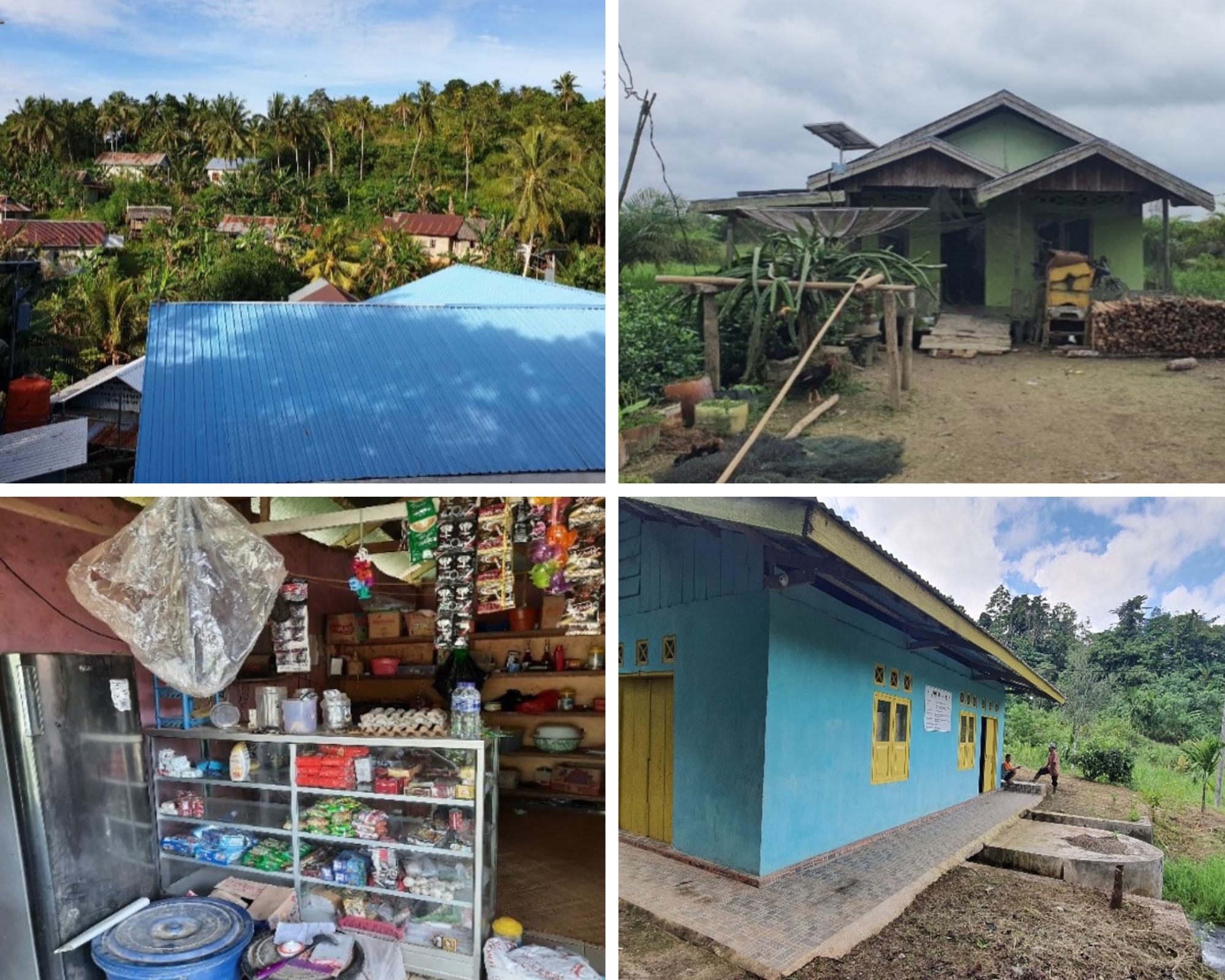 Counterclockwise from top left: (1) Community serviced by mini-grid, (2) Household with both SHS and grid connection, (3)Exterior of Micro-Hydro Power Turbine House, (4)Refrigeration previously powered by defunct mini-grid.