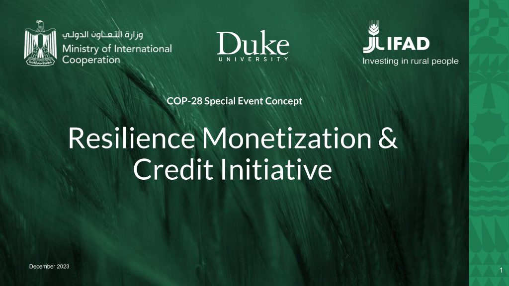 Event poster "Resilience Monetization and Credit Initiative"; logs of Duke, IFAD, MOIC