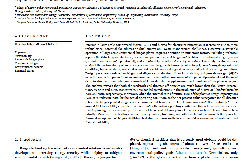 Sustainability of large-scale commercial biogas plants in Nepal