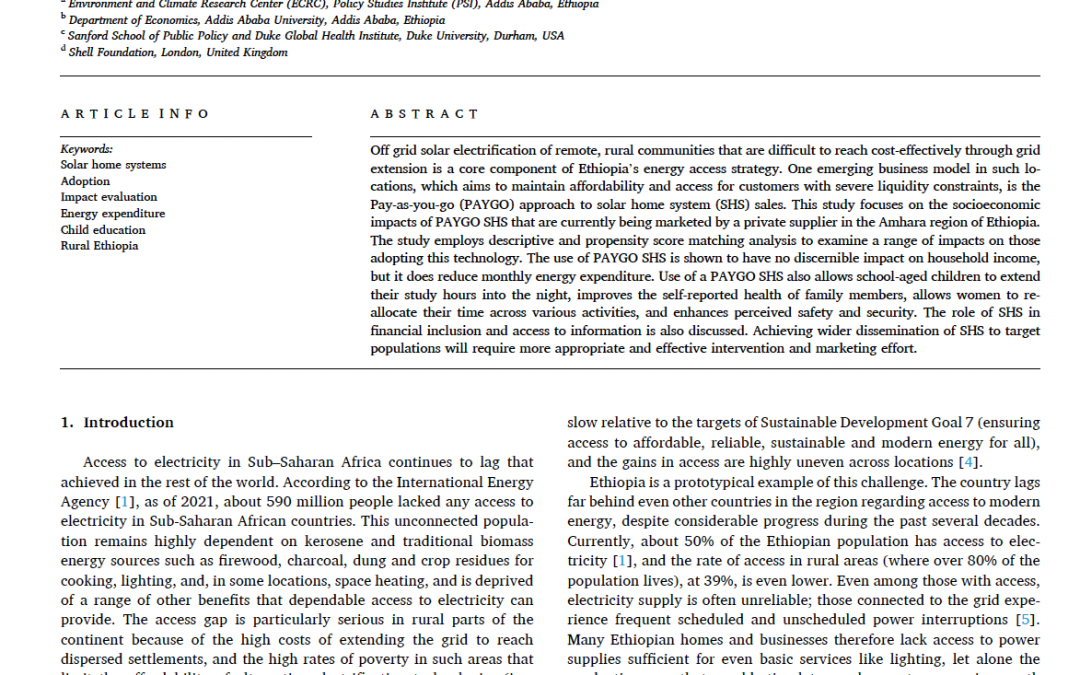 Socioeconomic impacts of solar home systems in rural Ethiopia