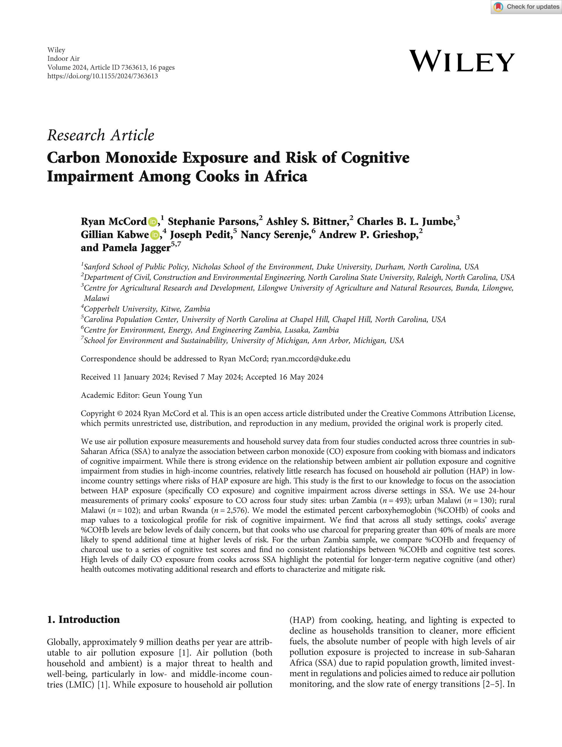 Publication cover page "Carbon Monoxide Exposure and Risk of Cognitive Impairment Among Cooks in Africa"