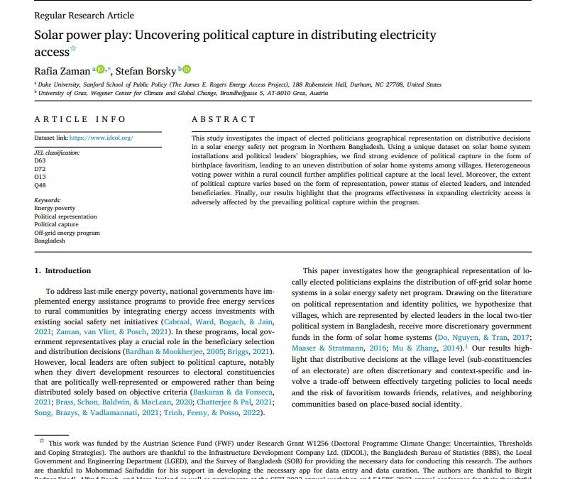 Solar Power Play: Uncovering Political Capture in Distributing Electricity Access in Northern Bangladesh